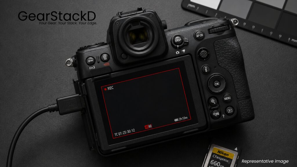 A clean top-down Nikon Z8 setup emphasizes professional video production workflow.