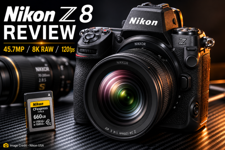 Nikon Full frame Mirrorless Camera Z8 45.7 megapixels ISO 64-25600 EXPEED 7 Real-Live Viewfinder Subject detection for 9 subject types 3D-tracking Up to 120 fps Front View