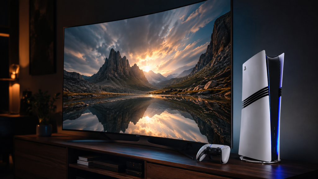a Sony PlayStation 5 Pro console in white glows softly with a blue-white LED status strip